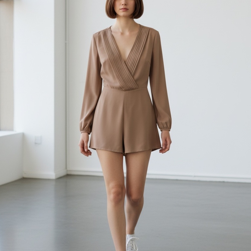 Ark & Co Elegant Mauve Tan Brown Romper Long Sleeve Fits S-M Frame